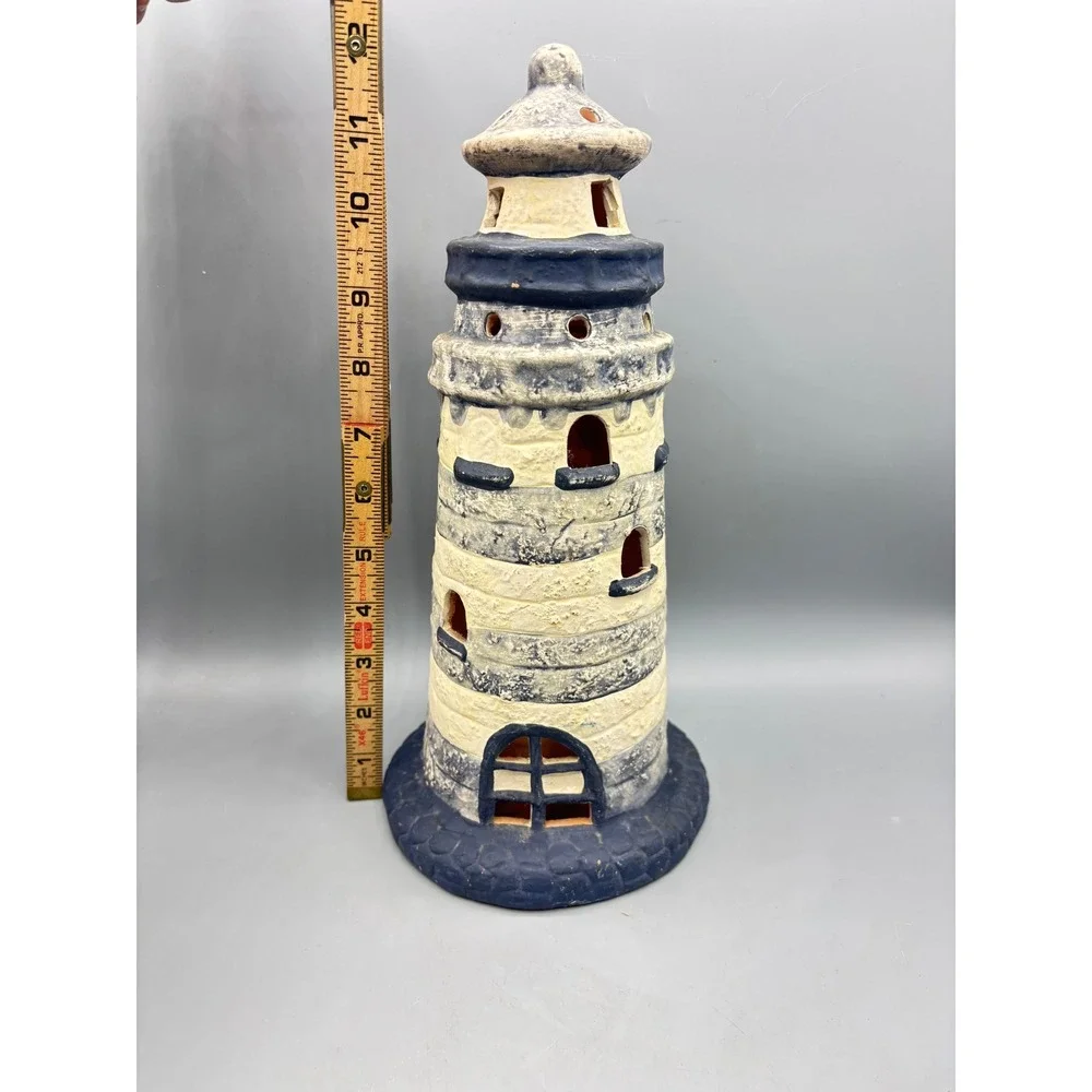 Nautical Coastal Ceramic Lighthouse Candle Holder Tealight Lantern Terracotta‎
